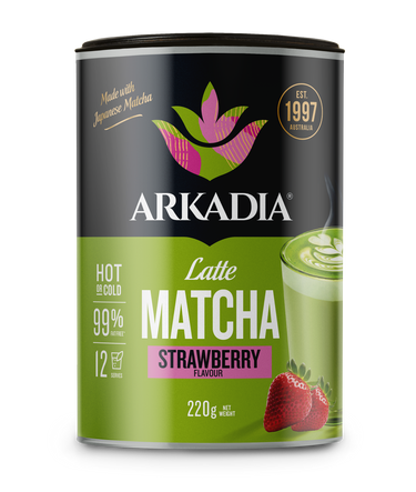 Arkadia Matcha Strawberry Latte canister on a white background